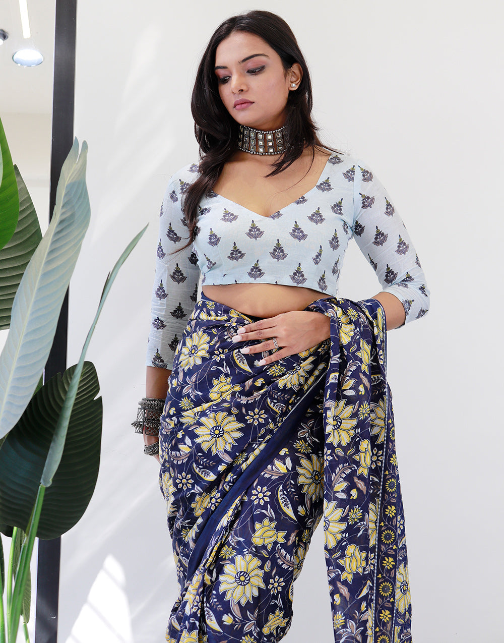 Navy Blue Pure Soft Cotton Saree With Floral Printed Work