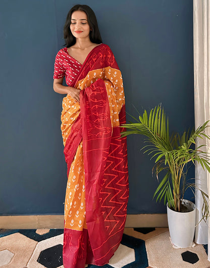 Red & Orange Pure Soft Mulmul Cotton Saree With Printed Work