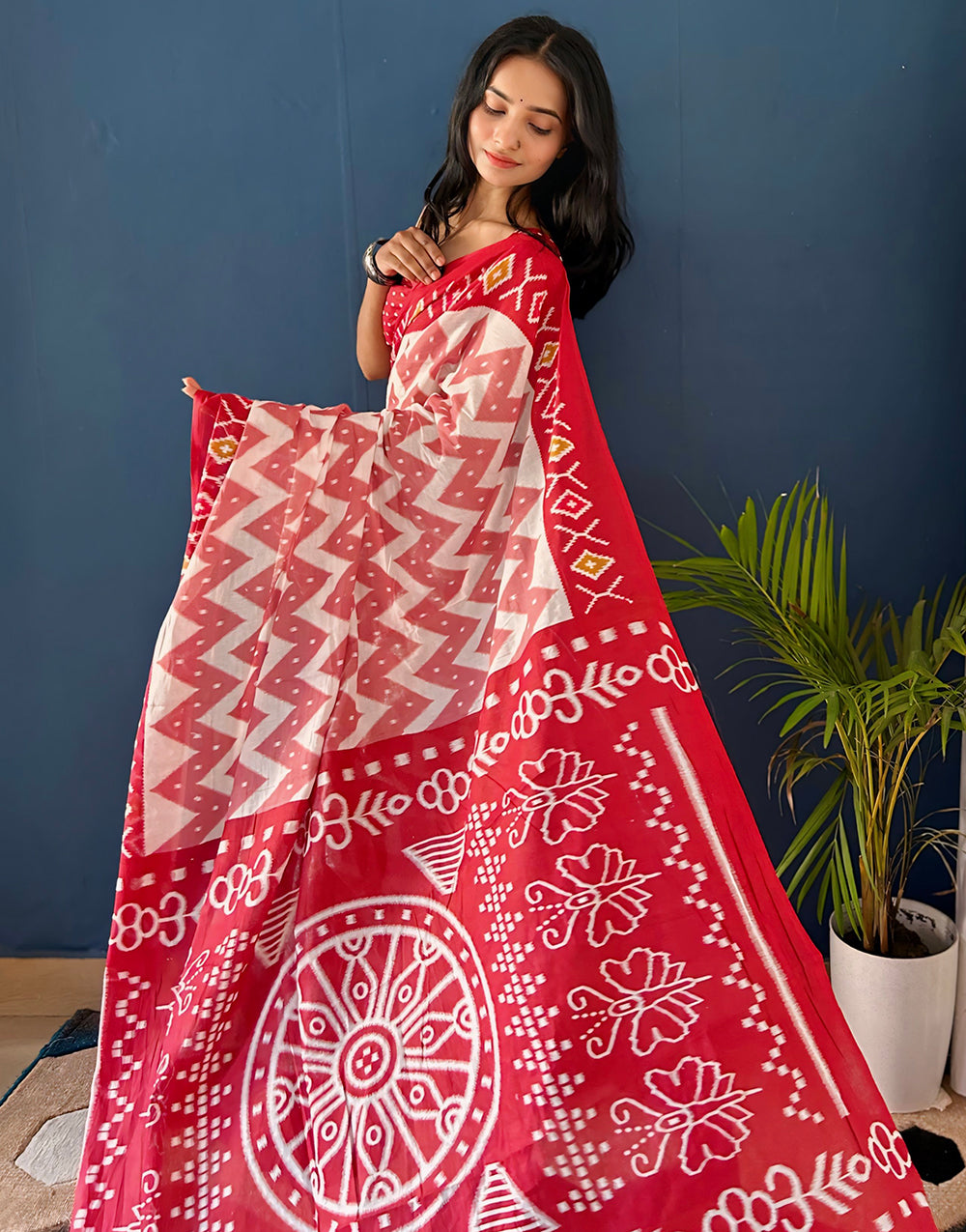 Red & White Pure Cotton Saree With  Hand Block Printed Work