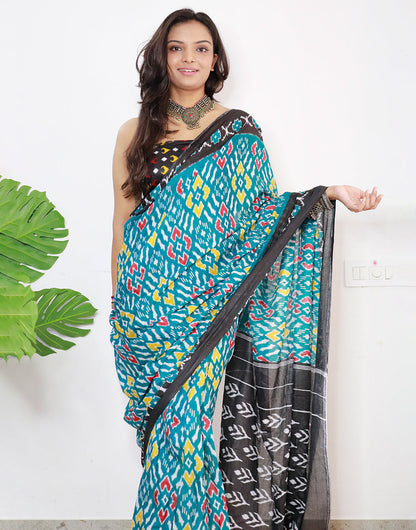 Teal Blue Pure Soft Cotton Saree With Block Printed Work