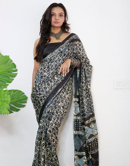 Black & Off White Pure Soft Cotton Saree With Printed Work