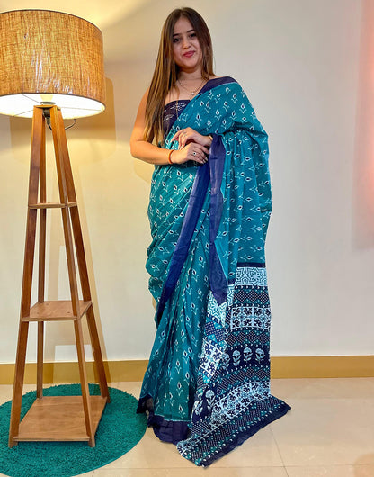 Teal Blue Pure Soft Mulmul Cotton Saree With Printed Work