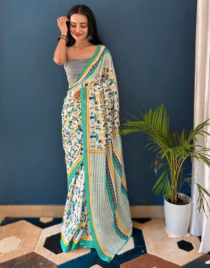 White & Sea Green Pure Soft Cotton Saree With Block Printed Work