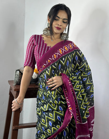 Dark Green & Magenta Pure Soft Cotton Saree With Block Printed Work