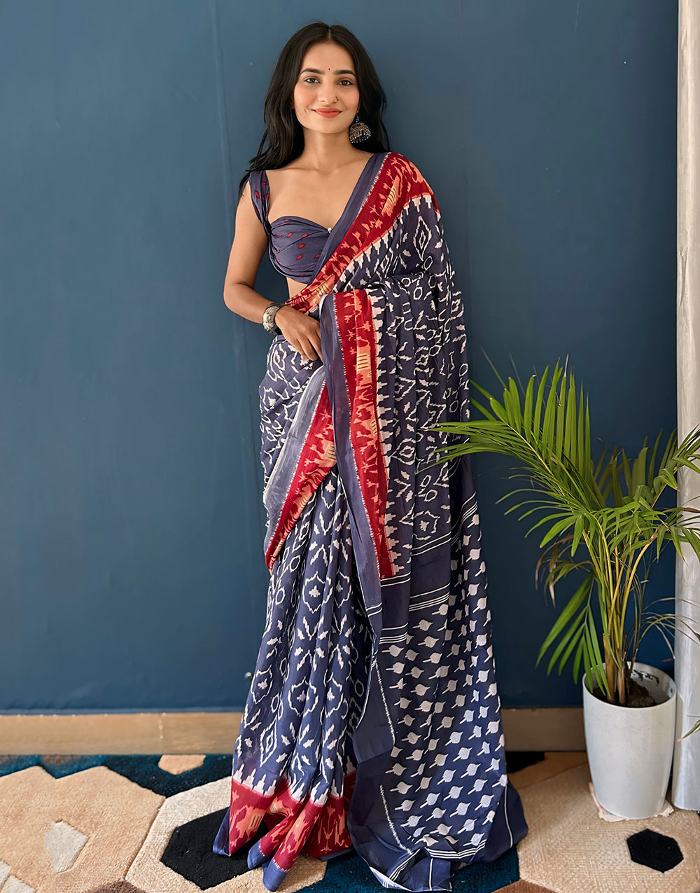 Space Blue Soft Pure Cotton Saree With Block Printed Work