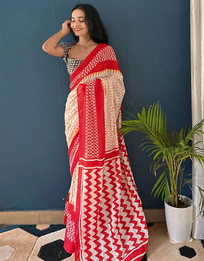 Light Cream & Red Pure Soft Mulmul Cotton Saree With Block Printed Work