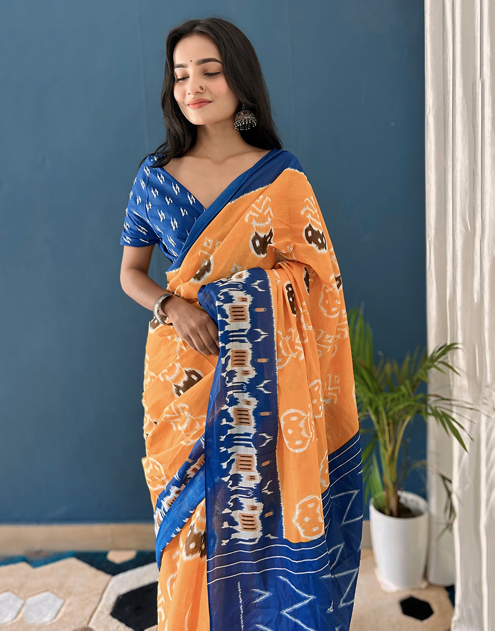 Apricot Orange Soft Pure Cotton Saree With Block Printed Work