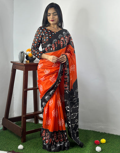 Dark Orange & Black Pure Soft Cotton Saree With Block Printed Work