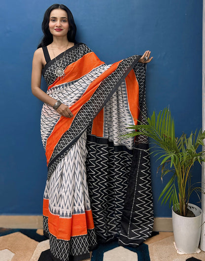 White & Black Pure Soft Mulmul Cotton Saree With Block Printed Work