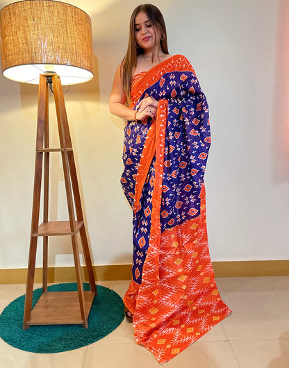 Midnight Blue & Orange Pure Soft Cotton Saree With Block Printed Work