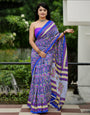 Blue & Purple Mulmul Cotton Saree With Block Printed Work