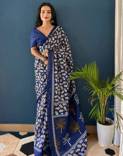 Navy Blue Pure Soft Mulmul Cotton Saree With Block Printed Work