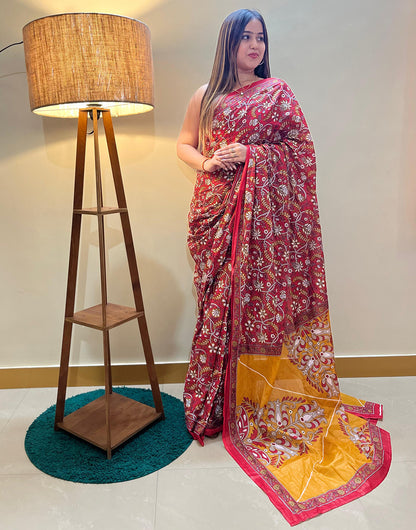 Crimson Red & Yellow Pure Soft Cotton Saree With Floral Printed Work