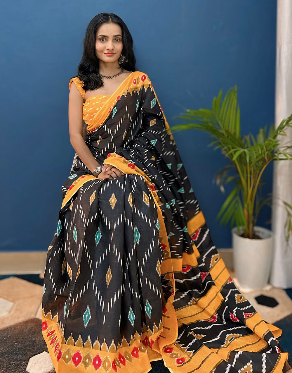 Black & Pale Orange Pure Cotton Saree With Printed Work