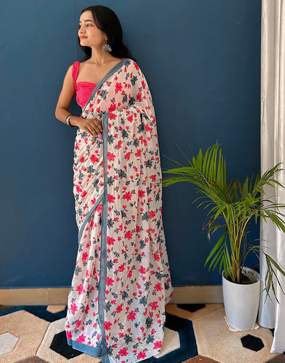 White & Pink Pure Soft Mulmul Cotton Saree With Block Printed Work