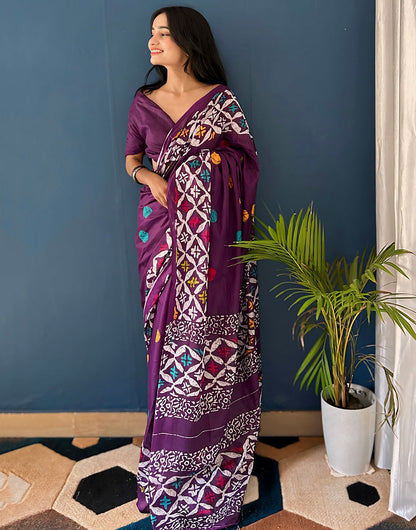 Plum Purple Soft Pure Mulmul Cotton Saree With Printed Work