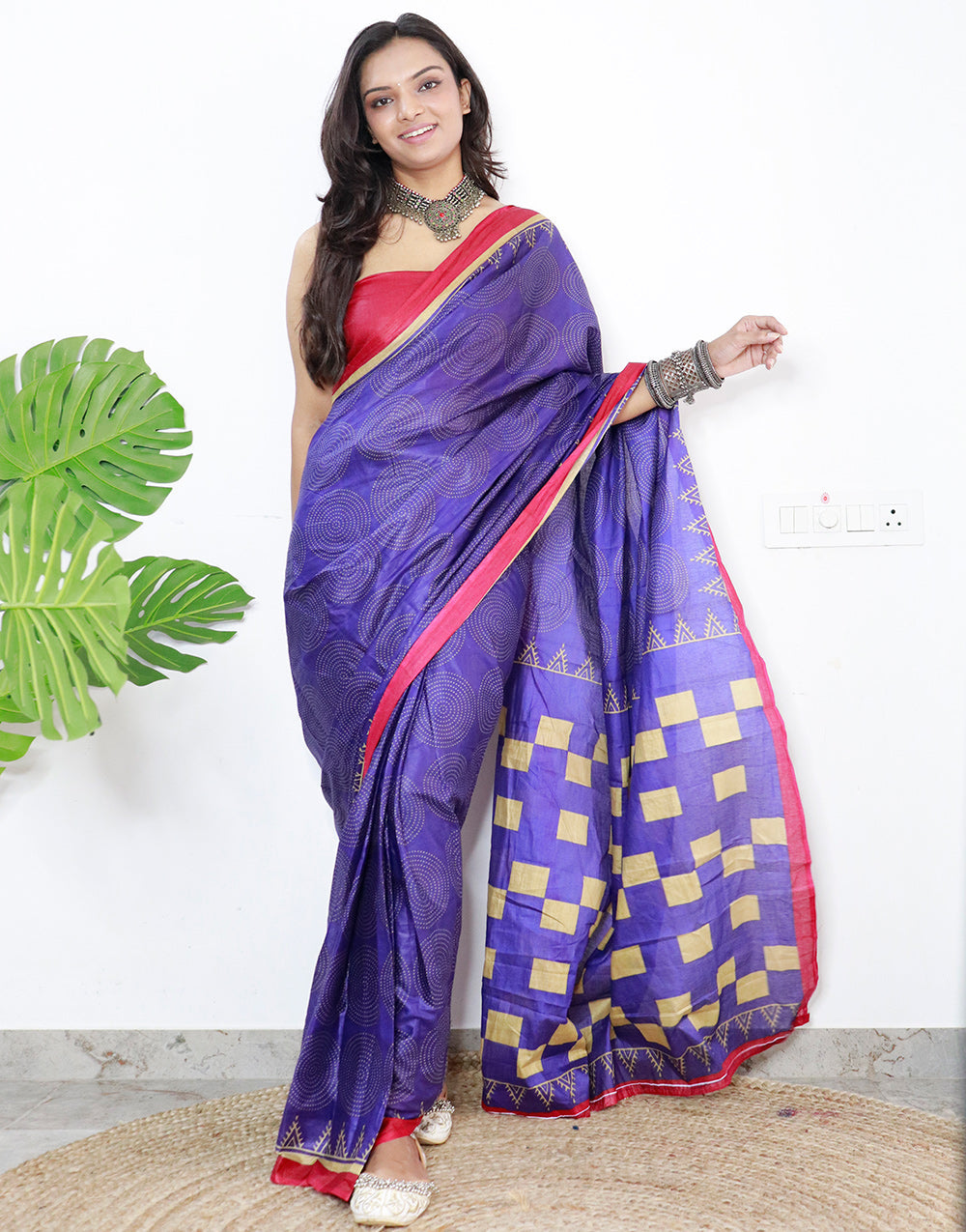 Navy Blue Pure Soft Cotton Saree With Block Printed Work