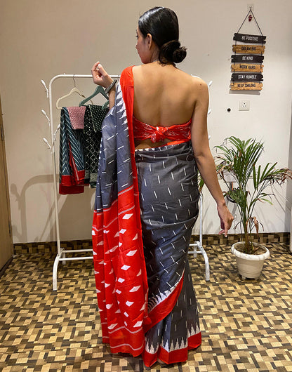 Lead Gray & Red Soft Mulmul Cotton Saree With Printed Work