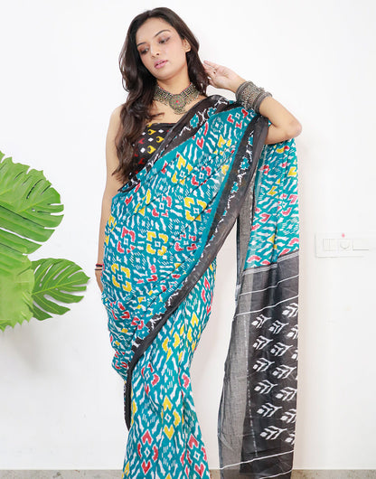 Teal Blue Pure Soft Cotton Saree With Block Printed Work