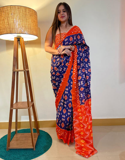 Midnight Blue & Orange Pure Soft Cotton Saree With Block Printed Work