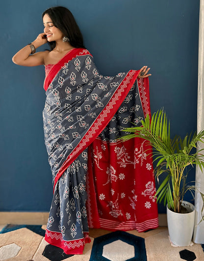 Gray & Red Pure Soft Mulmul Cotton Saree With Block Printed Work