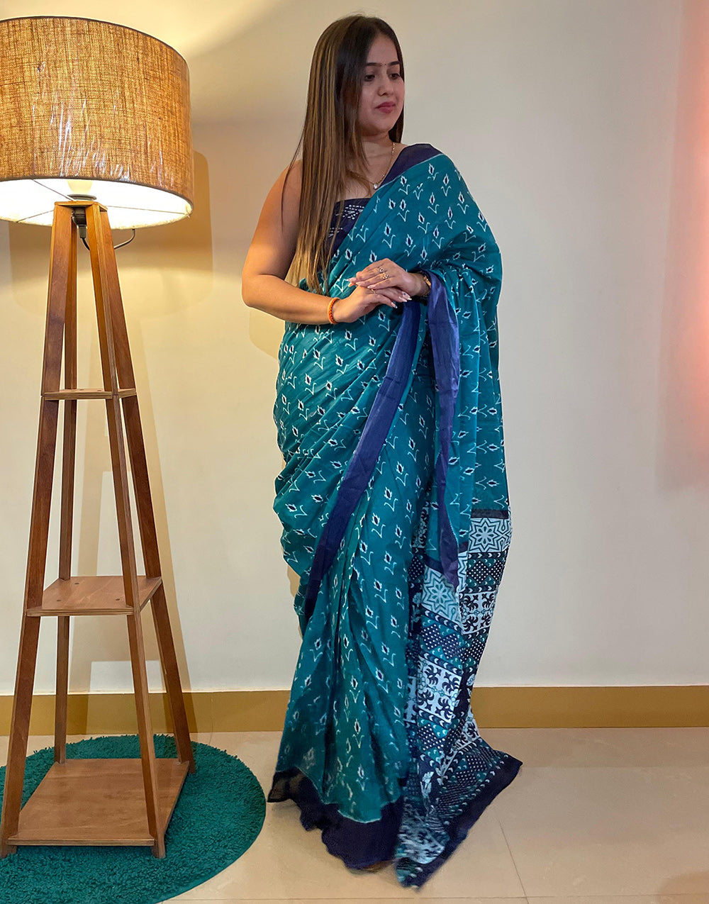 Teal Blue Pure Soft Mulmul Cotton Saree With Printed Work