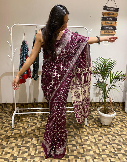 Beautiful Wine Pure Soft Mulmul Cotton Saree With Printed Work