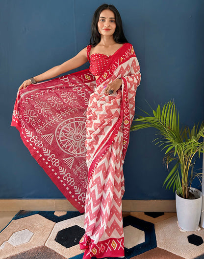 Red & White Pure Cotton Saree With  Hand Block Printed Work