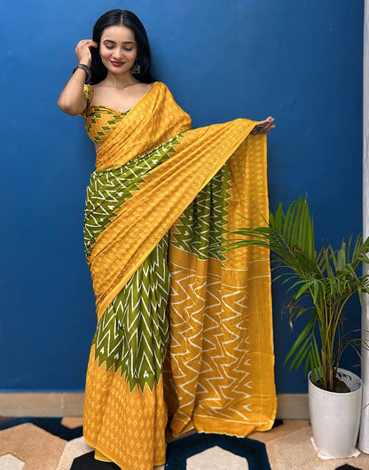 Yellow & Green Pure Soft Mulmul Cotton Saree With Printed Work