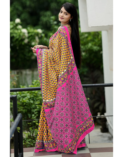 Yellow & Pink Mulmul Cotton Saree With Block Printed Work