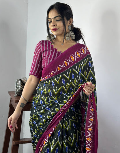 Dark Green & Magenta Pure Soft Cotton Saree With Block Printed Work