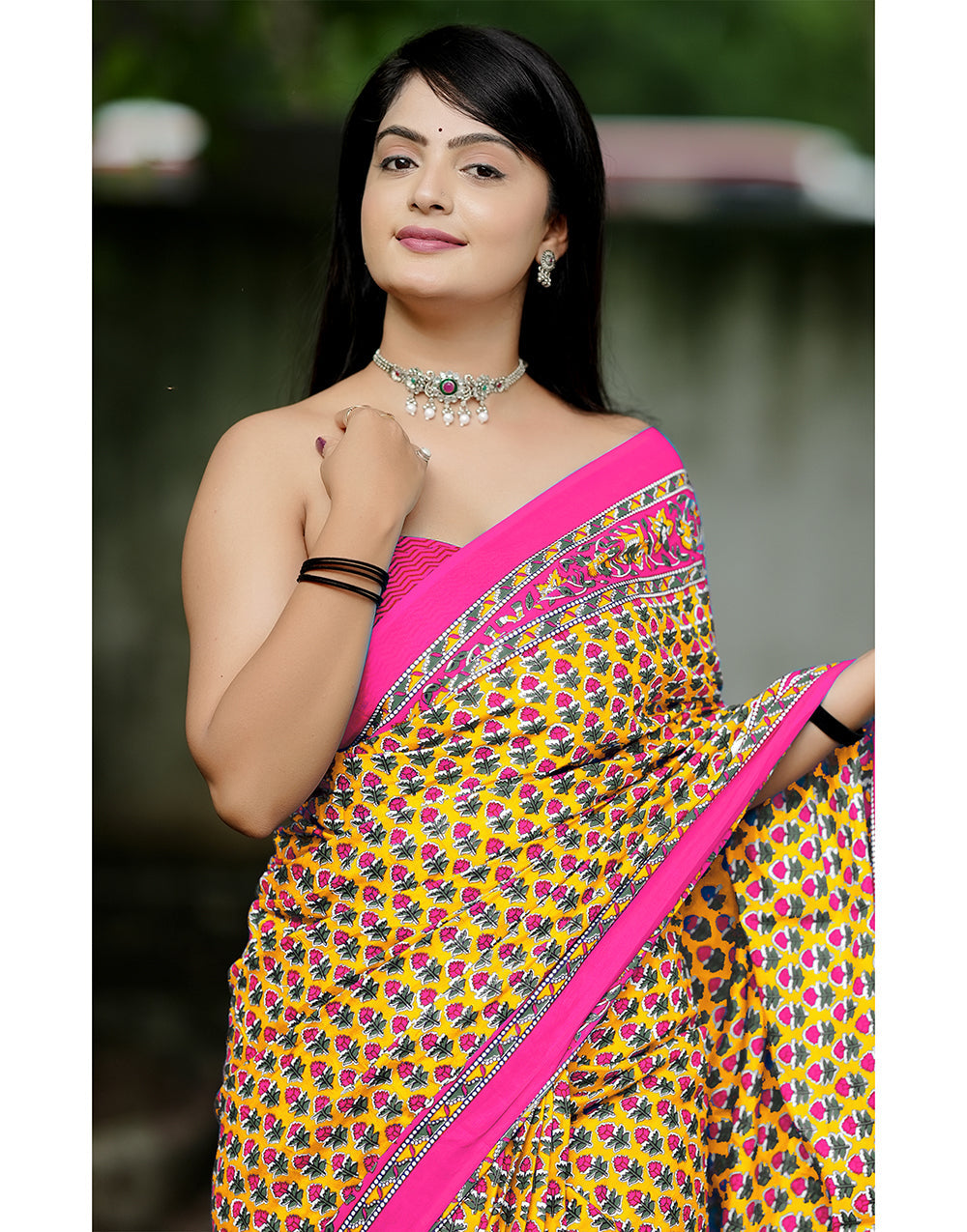 Yellow & Pink Mulmul Cotton Saree With Block Printed Work