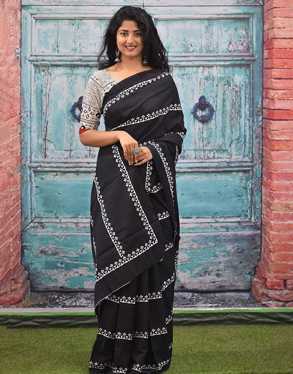 Black Block Printed Ikkat Pure Soft Cotton Saree