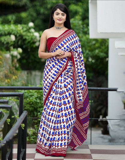 White & Maroon Mulmul Cotton Saree With Block Printed Work