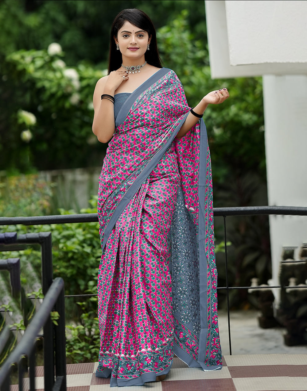 Rani Pink & Grey Mulmul Cotton Saree With Block Printed Work