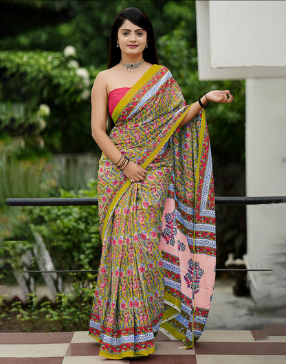 Olive Green Mulmul Cotton Saree With Block Printed Work