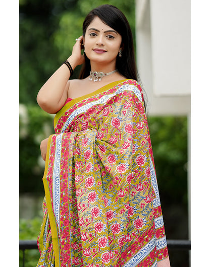 Olive Green Mulmul Cotton Saree With Block Printed Work