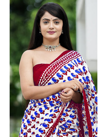 White & Maroon Mulmul Cotton Saree With Block Printed Work