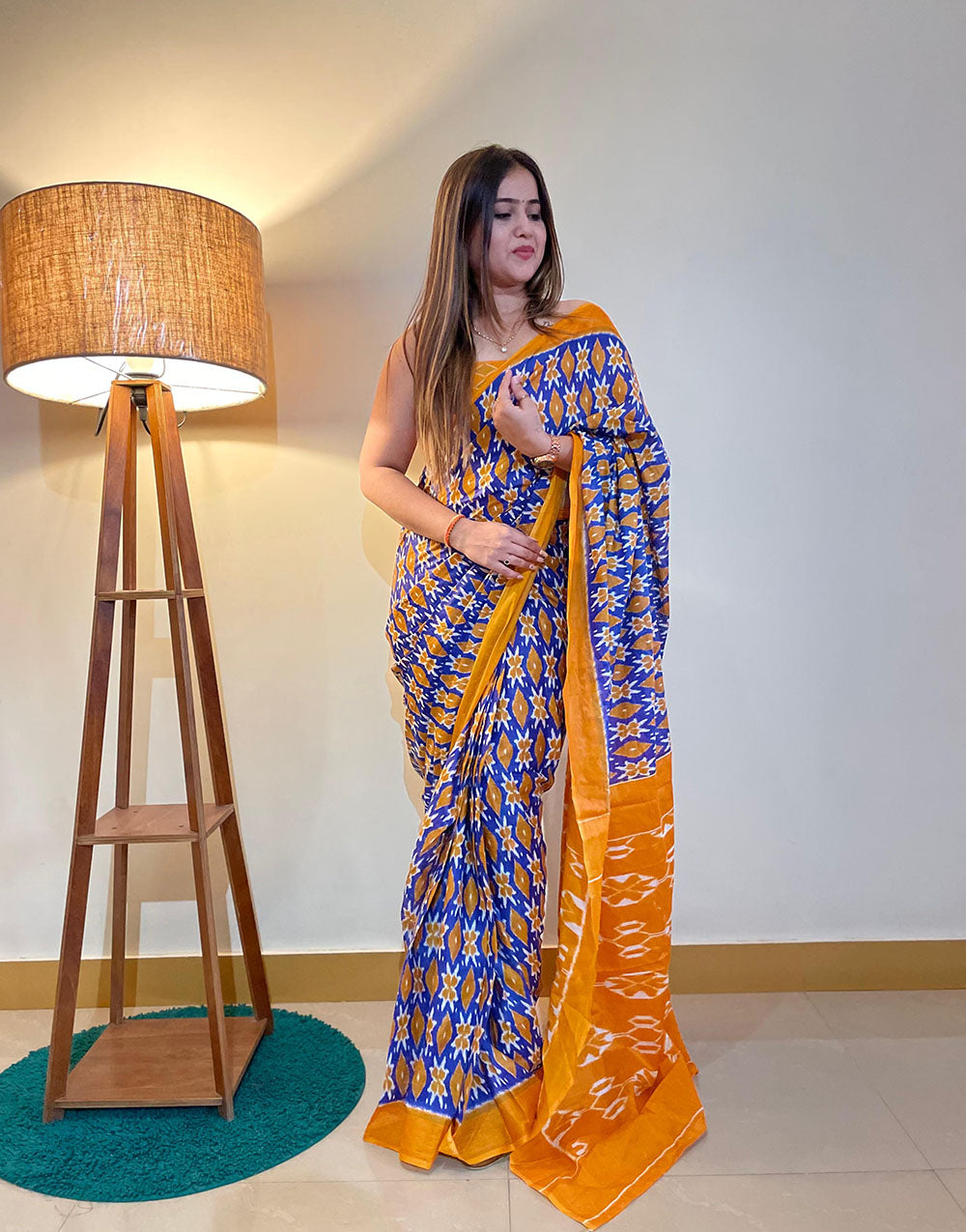 Navy Blue & Fire Yellow Soft Pure Cotton Jaipur Saree With Block Printed Work