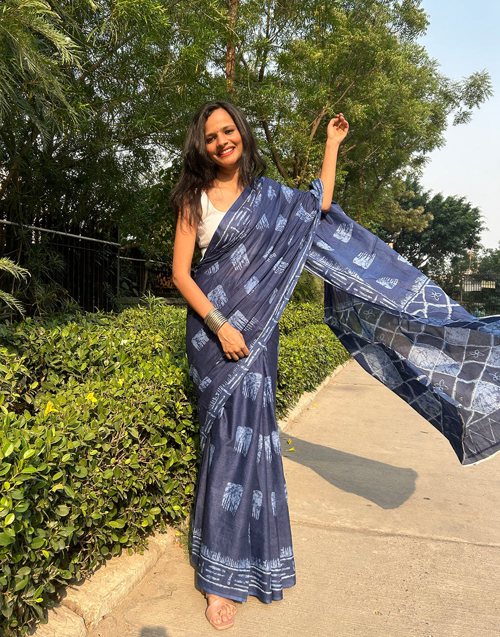 Light Indigo Pure Soft Cotton Saree With Block Printed Work