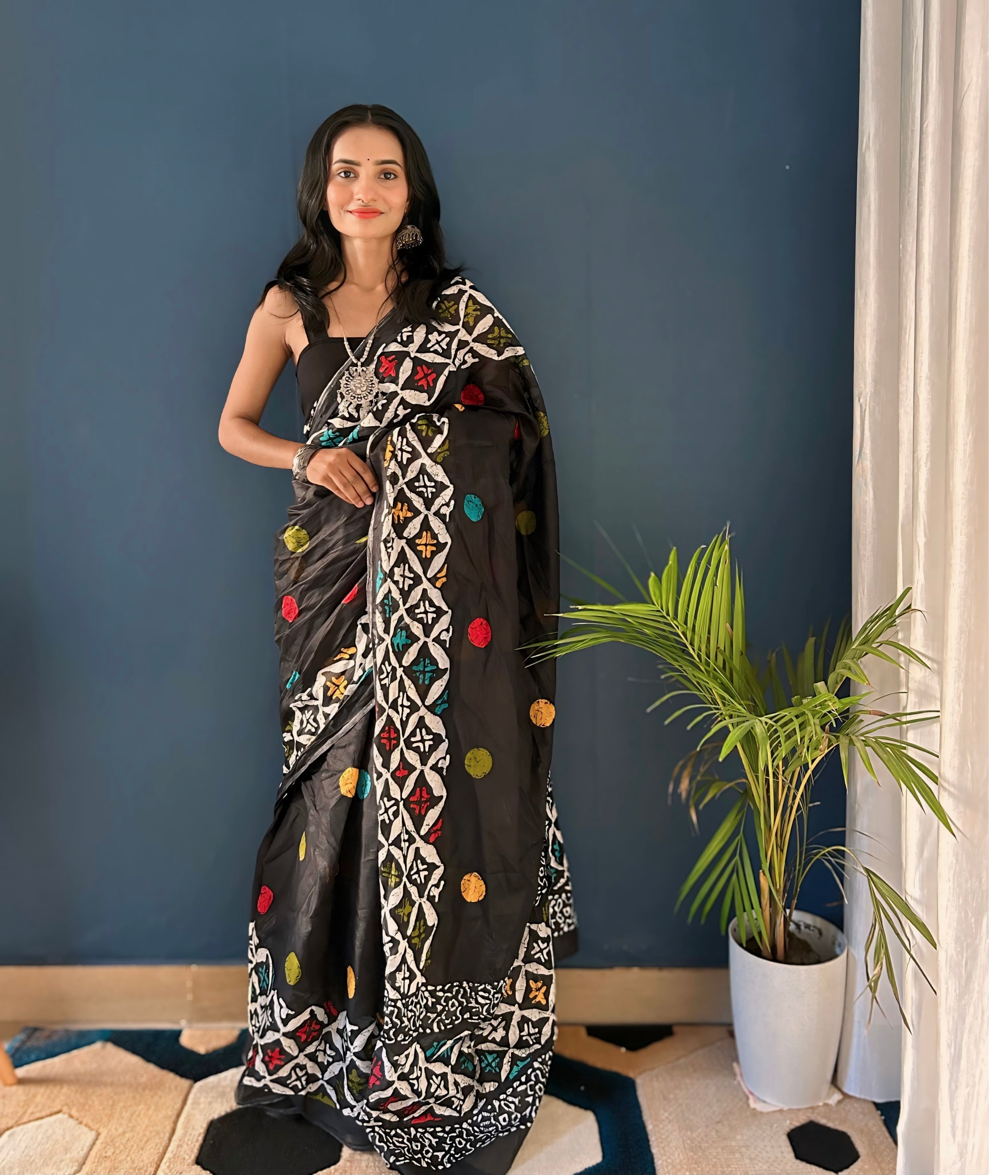 Black Pure Mulmul Cotton Saree With Printed Work