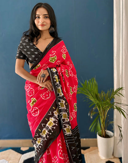 Rose Red Pure Soft Cotton Saree With Block Printed Work