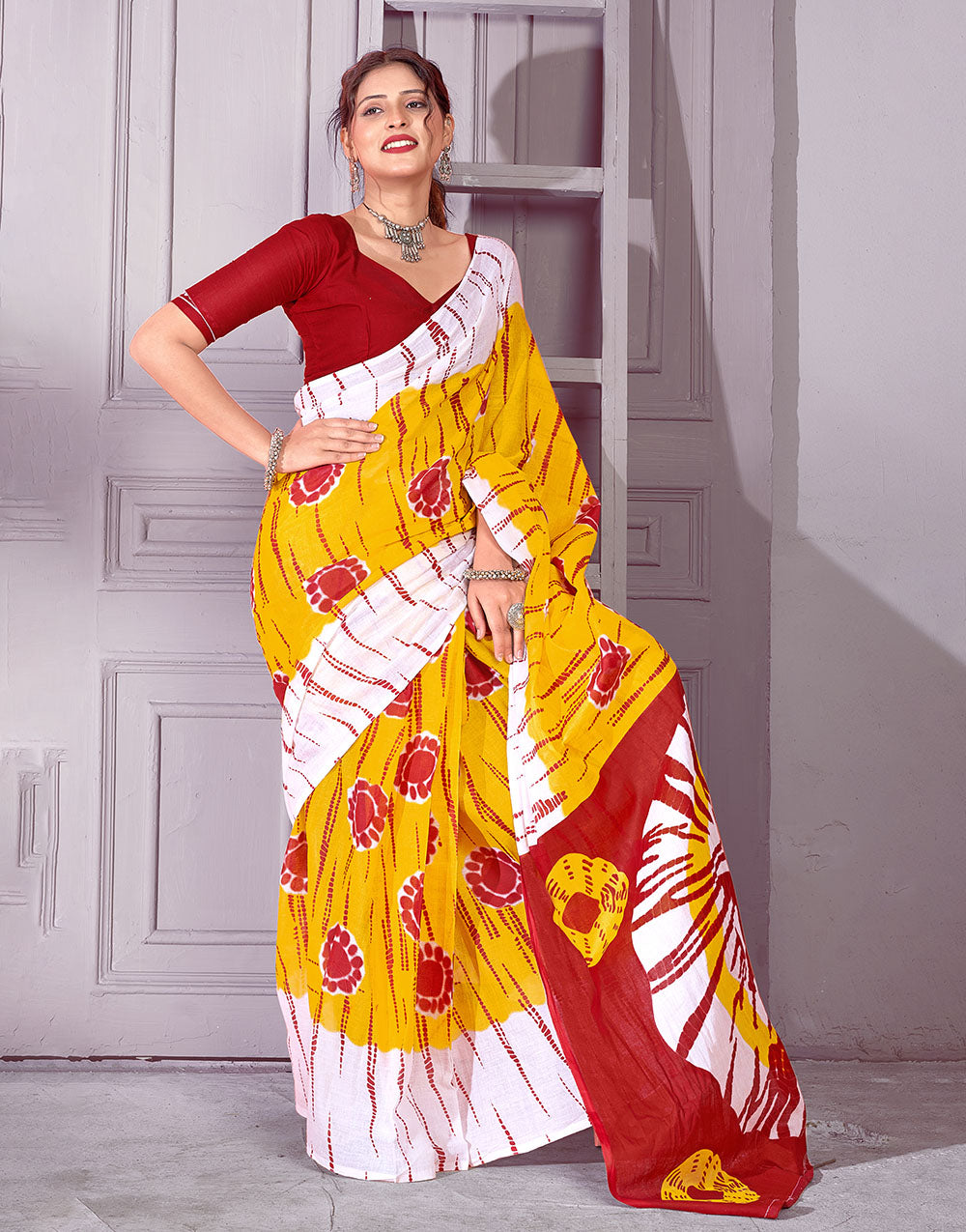 Mustard Yellow Soft Pure Cotton Saree With Jaipuri Printed Work