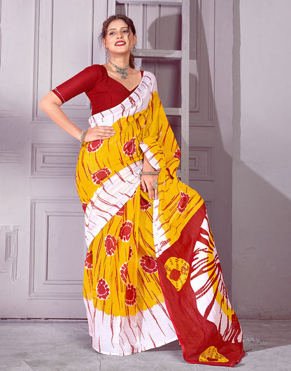 Mustard Yellow Soft Pure Cotton Saree With Jaipuri Printed Work