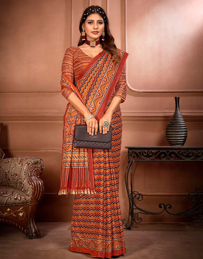 International Orange Soft Pure Cotton Saree With Lahariya Printed Work