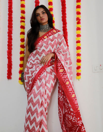 White & Red Pure Soft Mulmul Cotton Saree With Printed Work