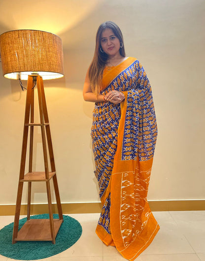 Navy Blue & Fire Yellow Soft Pure Cotton Jaipur Saree With Block Printed Work