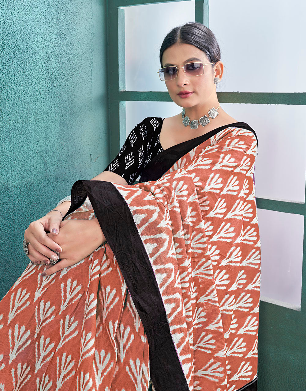 Dark Pastel Peach Soft Mulmul Cotton Saree With Block Printed Work