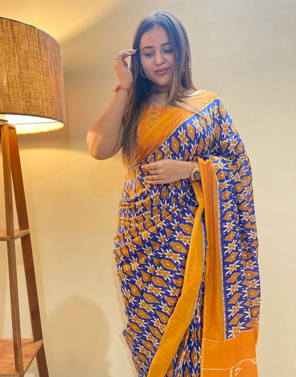 Navy Blue & Fire Yellow Soft Pure Cotton Jaipur Saree With Block Printed Work