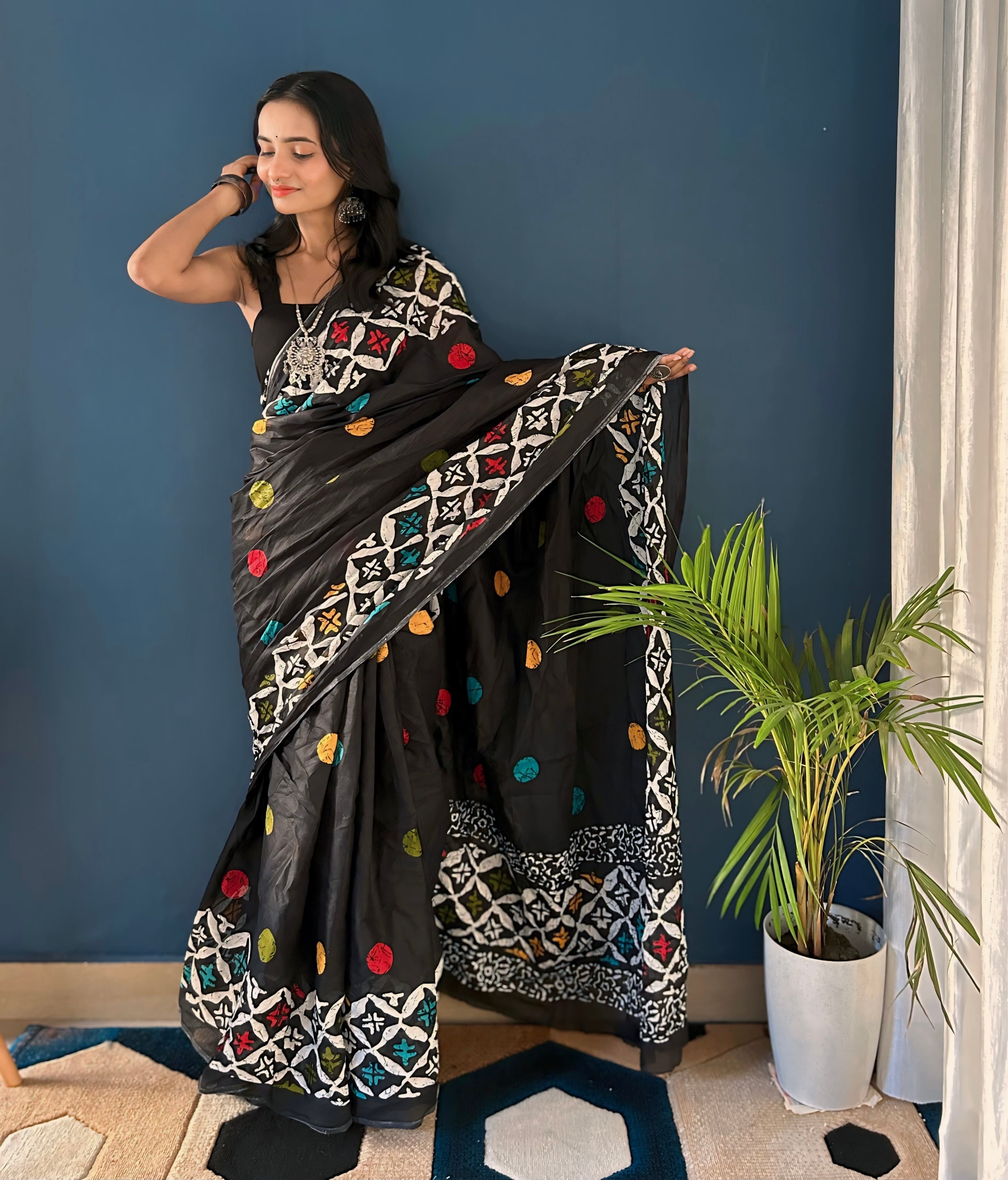 Black Pure Mulmul Cotton Saree With Printed Work